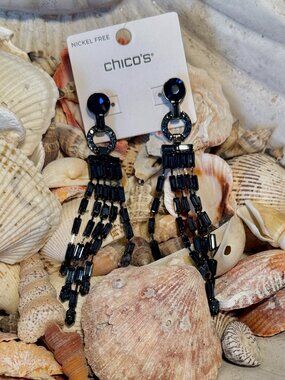 Chico's Midnight Navy Sparkle Long Beaded Earrings  NWT